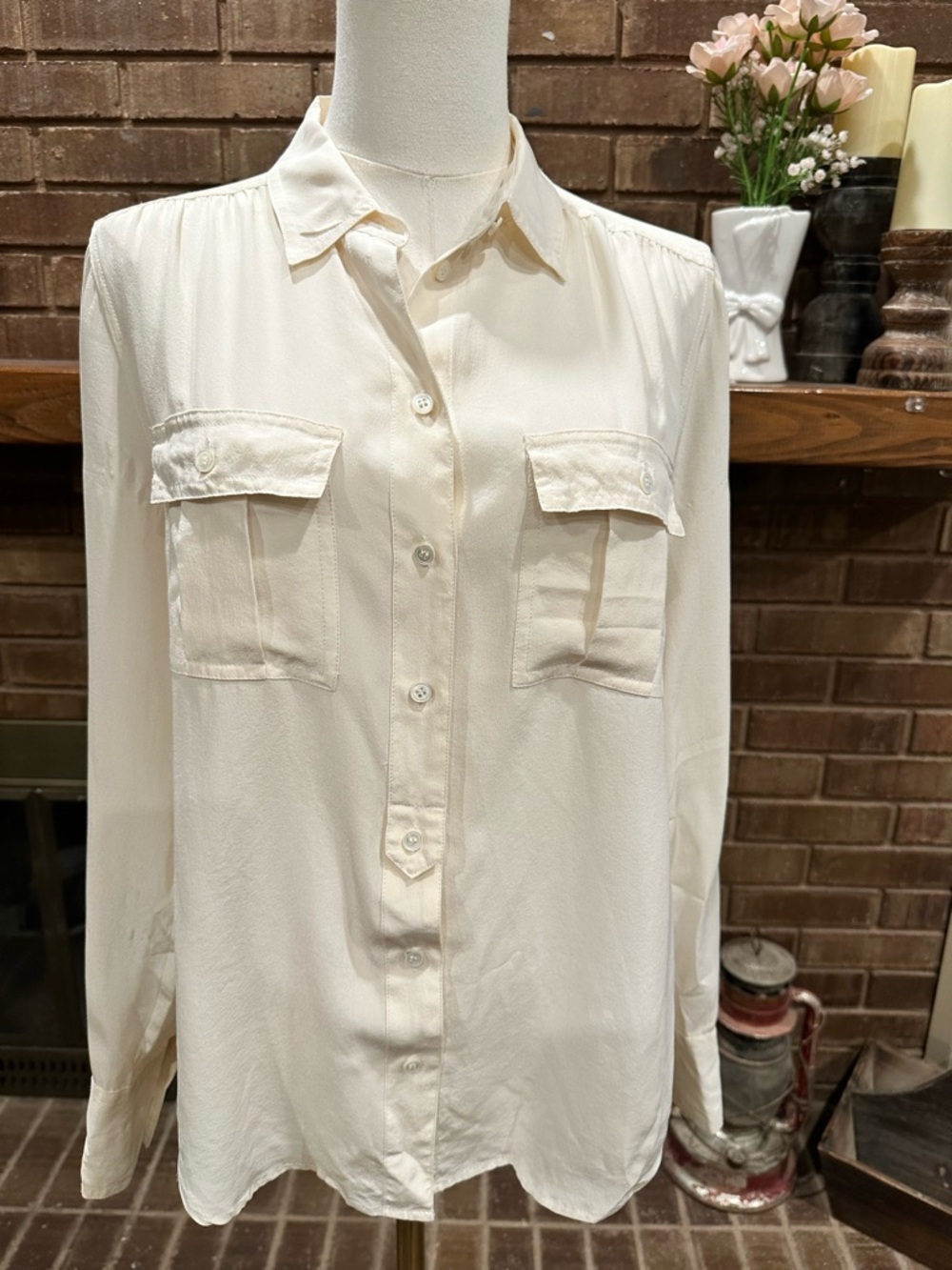 J. Crew Button-Front Cream Blouse with Chest Pockets